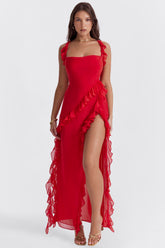 cherry ruffle maxi dress-red